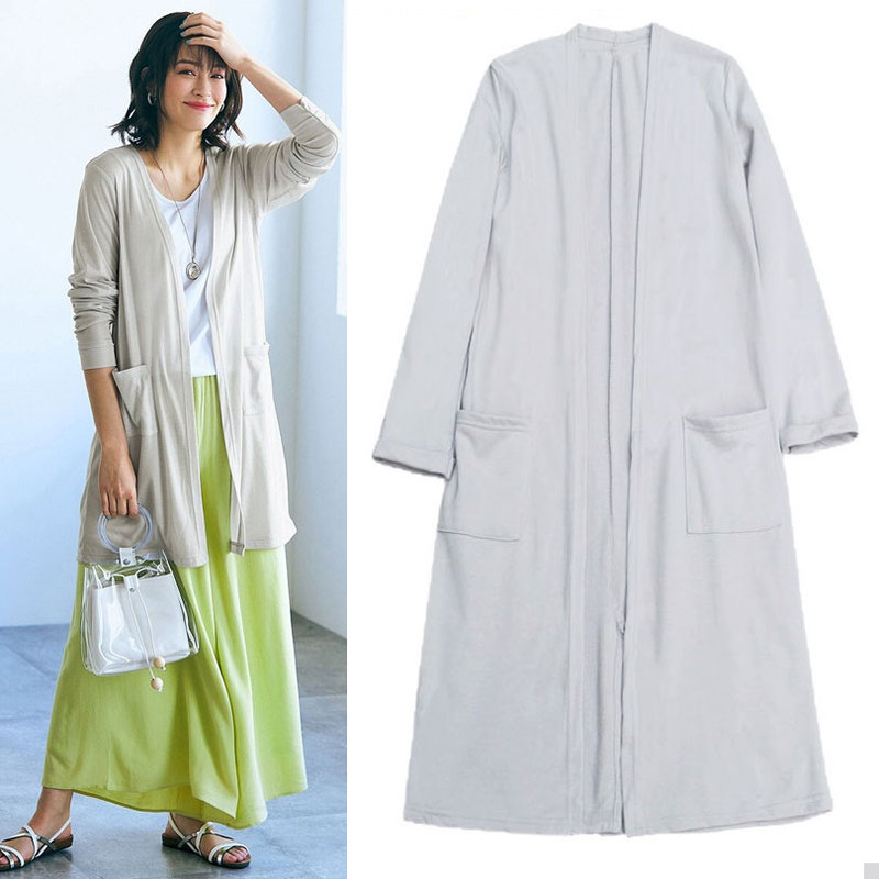 Export Long Knee-Length Cardigan, Pure Cotton Thin Terry Casual Jacket for Women, Sun Protection Long Sleeves, Foreign Trade Y040902Kk