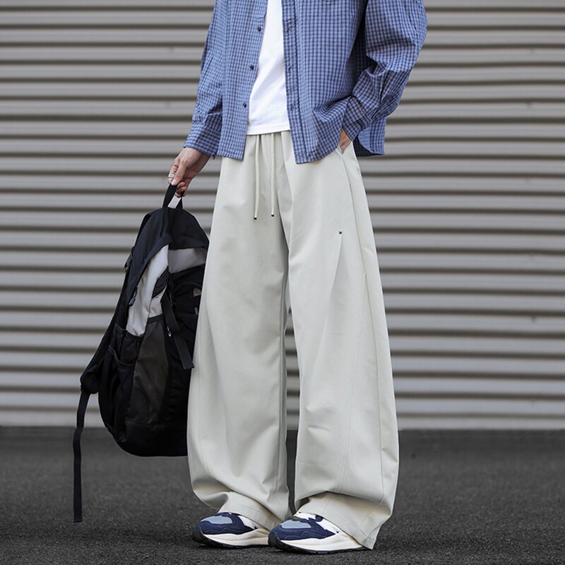American-Style Deconstructed Pleated Work Pants for Men, Straight Wide-Leg Pants with a Unique Design, Autumn Season, Large Size, Loose-Fitting Parachute Pants