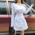 Dài tay vai dress 2018 đầu mùa thu Đơn Giản chic trắng off-the-vai eo xếp li áo váy A-line váy