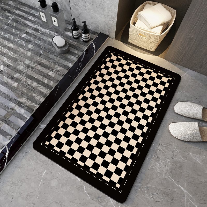 Chessboard Lattice Bathroom Ground Mat Graphene Makeup Room Doorway Soft Silicon Algae Mud Suction Cool Mat Anti Slip Quick Dry Foot Mat Toilet