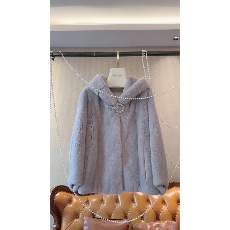 Imported Crown Velvet with Thick Fleece Lining, Short Purple Hooded Style with Duckbill Collar Design, Length 59, Bust 108