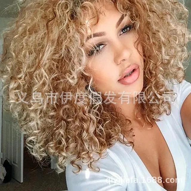 Afro Curly Wig New European and American Women's Short Wig Gradient Color Short Curly African Small Curly Wig Afro Curly Wig New European and American Women's Short Wig Gradient Color Short Curly African Small Curly Wig