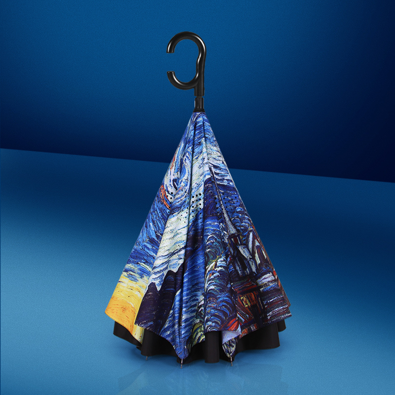 Raincats Van Gogh Starry Sky Umbrella Long Handle Reverse Umbrella Double Layer Car Umbrella for Two People Anti-Typhoon Large Size Self-Payment
