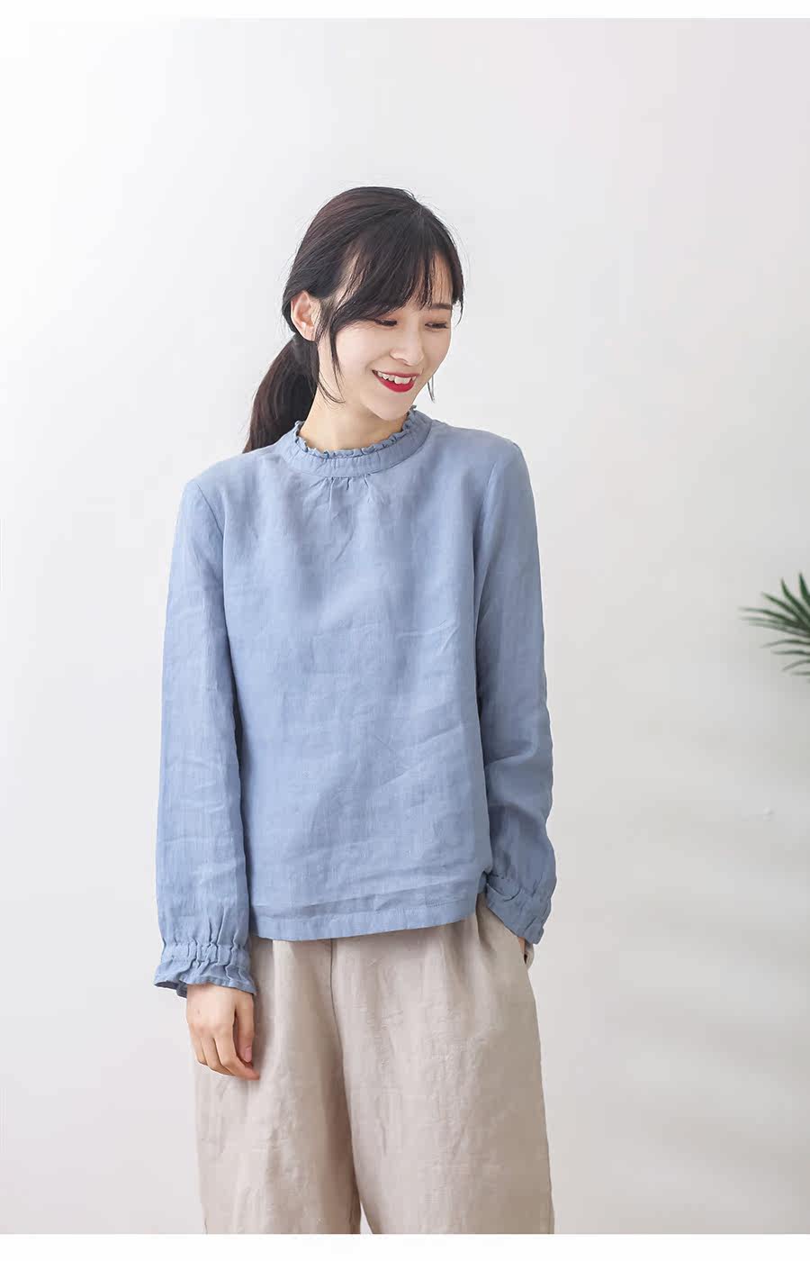 Early autumn new neckline with lotus leaf lace long sleeve shirt loose ladies 100 hitch a slim art retro woman