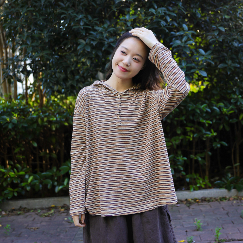 Imported Cotton Striped Knit Vintage Versatile Summer Women's Cool Long-Sleeve Loose T-Shirt Hoodie 2026811 Imported Cotton Striped Knit Vintage Versatile Summer Women's Cool Long-Sleeve Loose T-Shirt Hoodie 2026811