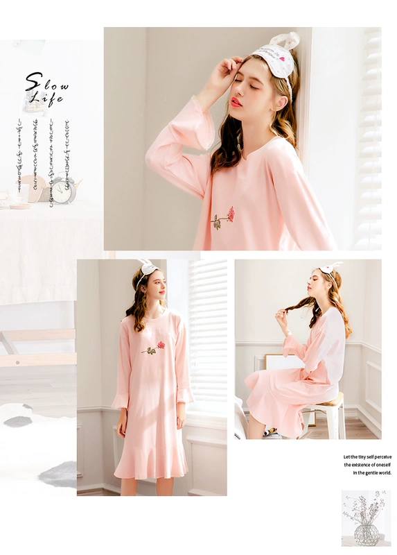 Fen Tengchun mùa thu dài tay váy ngủ nữ cotton dài đoạn có thể được mặc bên ngoài đồ ngủ Phiên bản Hàn Quốc của cotton lỏng kích thước lớn dịch vụ nhà đầm dài qua gối cho tuổi trung niên