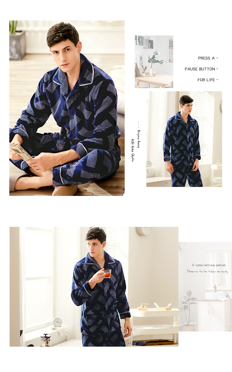 Fen Teng mùa thu và mùa đông mới cho nam đồ ngủ nhung san hô đơn giản áo len dài tay ấm áp flannel có thể được mặc bên ngoài dịch vụ nhà quần áo ngủ nam