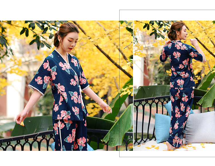 Fenton mùa hè mới đồ ngủ ngắn tay nữ kimono Nhật Bản cotton cổ chữ V ngọt ngào có thể mặc bên ngoài quần ống rộng bộ dài tay 