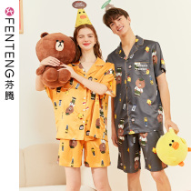 Fenten couple pajamas female summer thin simulation silk short sleeve shorts cartoon brown bear men Ice Silk Home suit suit