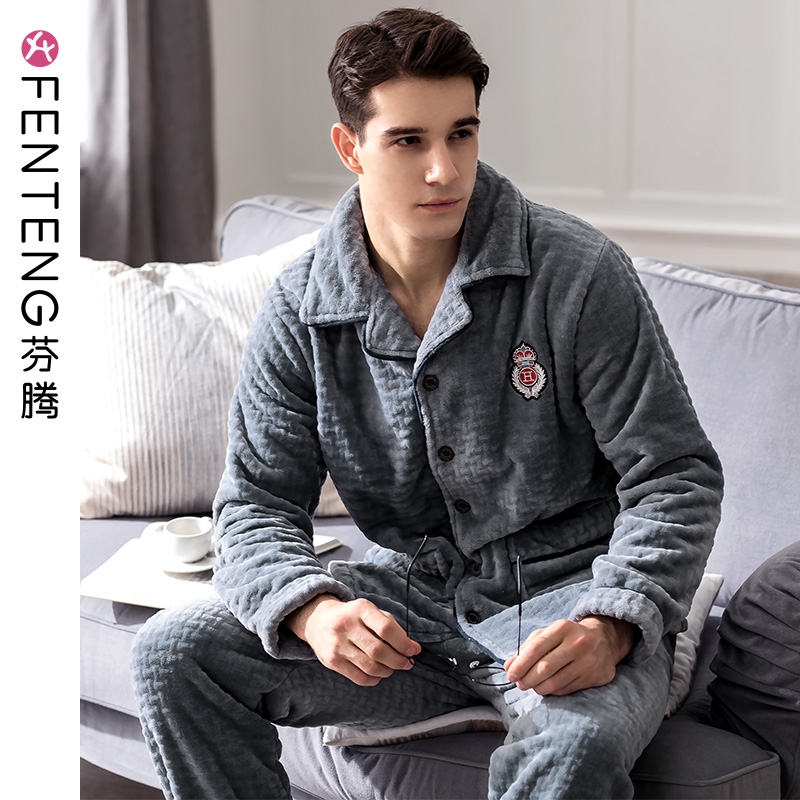 Fenteng autumn and winter coral fleece pajamas men's long-sleeved warm thickening and velvet flannel youth large size homewear suit