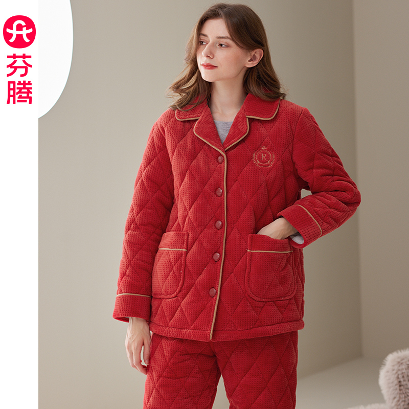 Fentem Pajamas Woman Winter Coral Suede Clip Cotton Triple thickened plus suede red wedding Ben-year-old home Suits Suit-Taobao