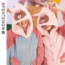 Fenteng autumn and winter brown bear pajamas female flannel men thick coral velvet long couples robe morning gown home clothes
