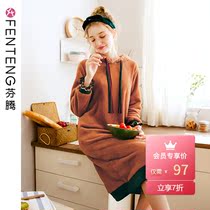 Fenten coral velvet nightgown autumn and winter hooded thick dress girl flannel home clothing pajamas women
