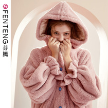 Fenten Nightdress Womens autumn and winter long nightgown topped topped velvet flannel bathrobe can be worn outside home wear pajamas