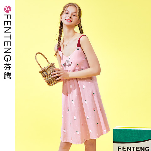 Fenten new nightgown women cotton thin sexy sweet girl cute Strawberry Cotton home dress summer