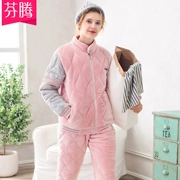 Fen Teng mới đồ ngủ phụ nữ mùa thu và mùa đông san hô nhung nhung dễ thương dây kéo cotton màu rắn dịch vụ nhà ngọt ngào