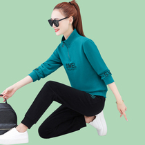 Spring and autumn new fashion zipper lapel jacket loose two-piece slim casual running sportswear womens suit