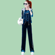 Spring and autumn new fashion gold velvet three-piece sportswear casual ladies suit slim loose loose wide leg pants tide