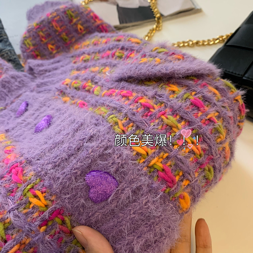 The color is beautiful~ Imitation mink foreign style short love purple small knitted cardigan sweater women's spring coat new