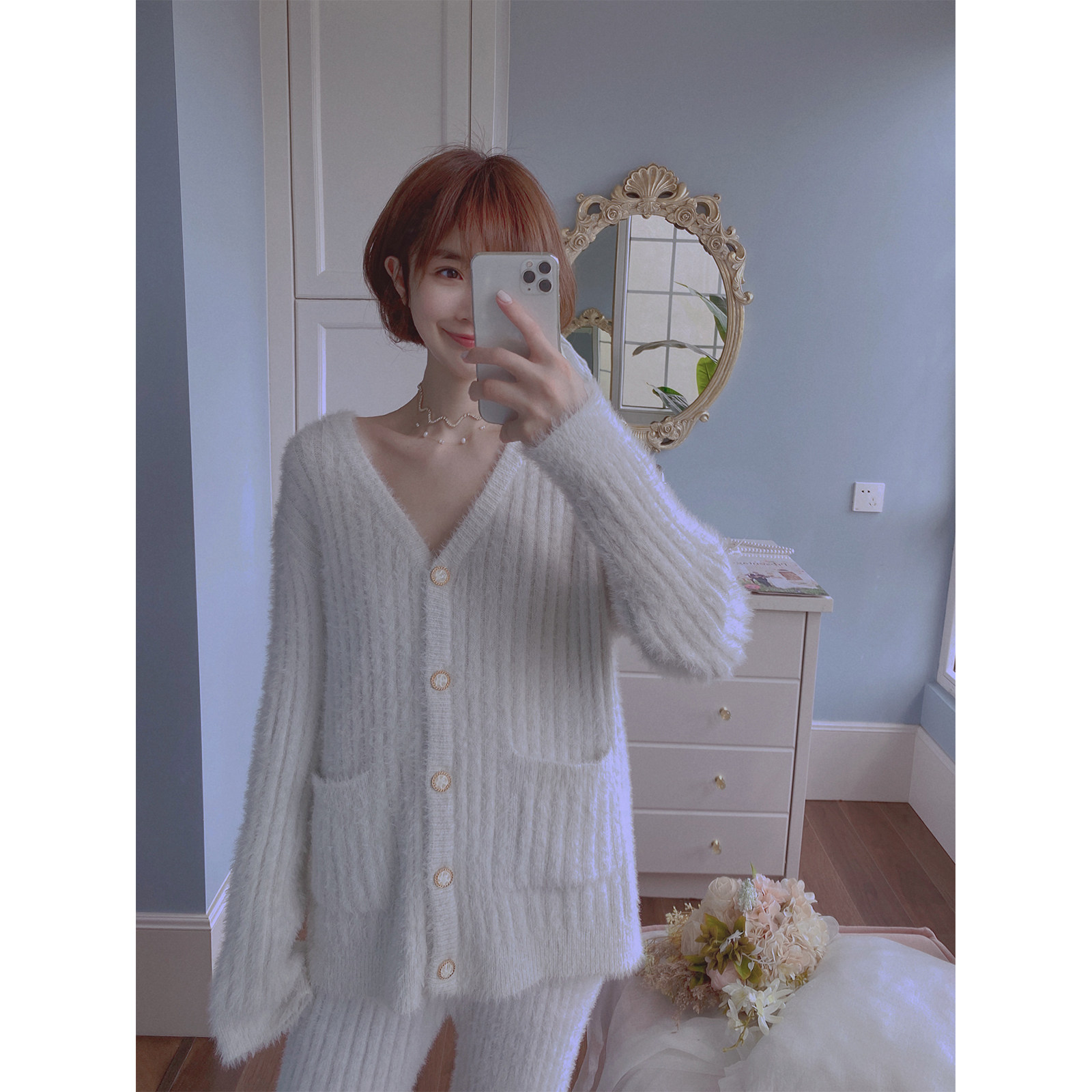 Mink velvet soft pajamas women's autumn and winter vertical thread thin solid color cardigan soft cute girl homewear suit