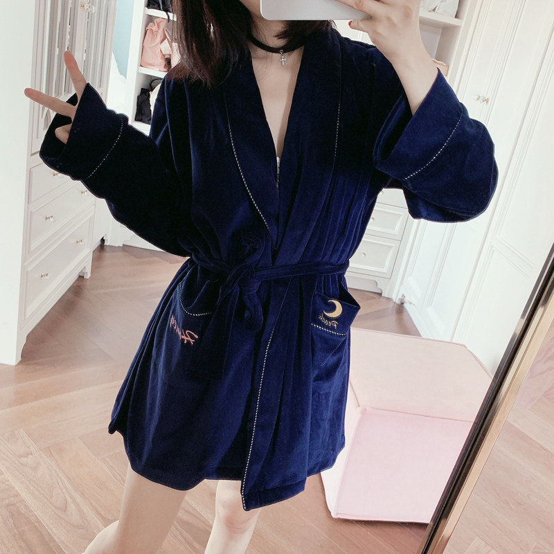 Peach Honey Retro Embroidered Letter Moon Good Night Velvet Robe Short Long Sleeve Sweet Homewear