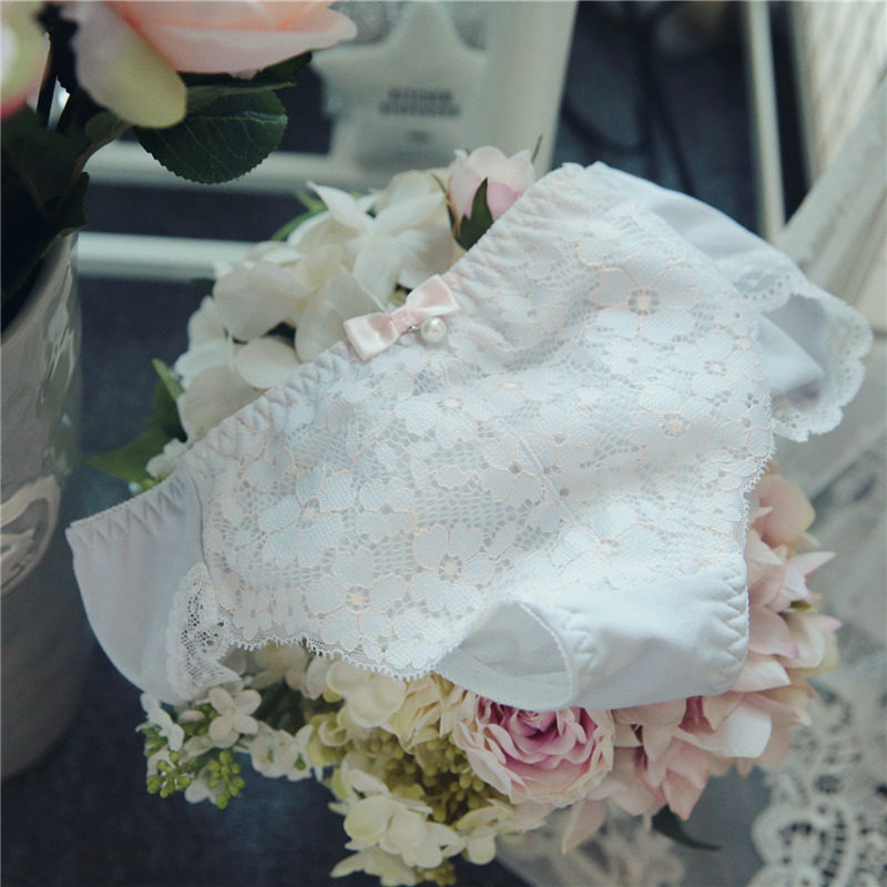 TK 超美纯棉钩花蕾丝 珍珠装饰少女内裤pk130
