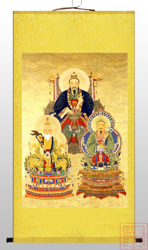 Lingwei custom Three Qing Dao ancestral portrait Yuan Shi Tian Zun Taishang Laojun Moral Tian Zun Silk scroll painting