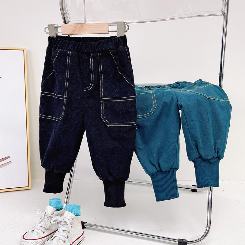 Winter baby handsome retro small and medium-sized children's feet plus velvet thickened casual pants trousers all-match loose boys' pants