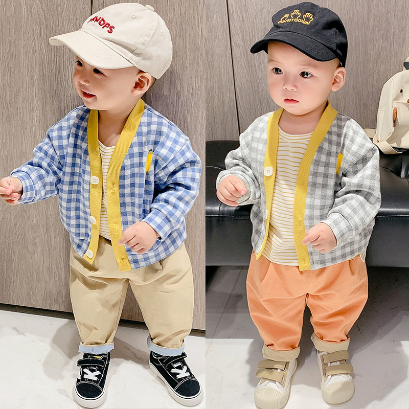 Boys spring suit 2023 new baby gas sweater coat pants pure cotton baby cotton baby handsome three - piece tide