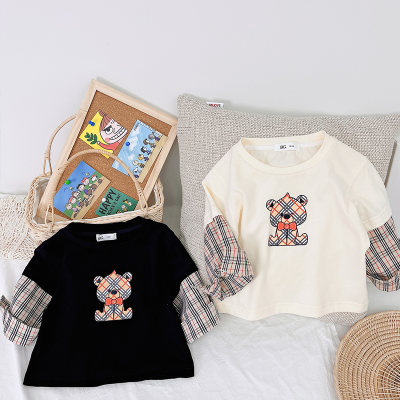 Autumn New Arrival Boys Bear Print Plaid Sleeves Sweater Spring and Autumn Children's Casual Knit Casual Tops