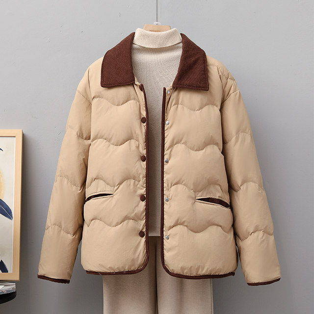 Xiaoxiangfeng Korean version of corduroy collar down jacket women's short autumn and winter small retro white duck down light jacket