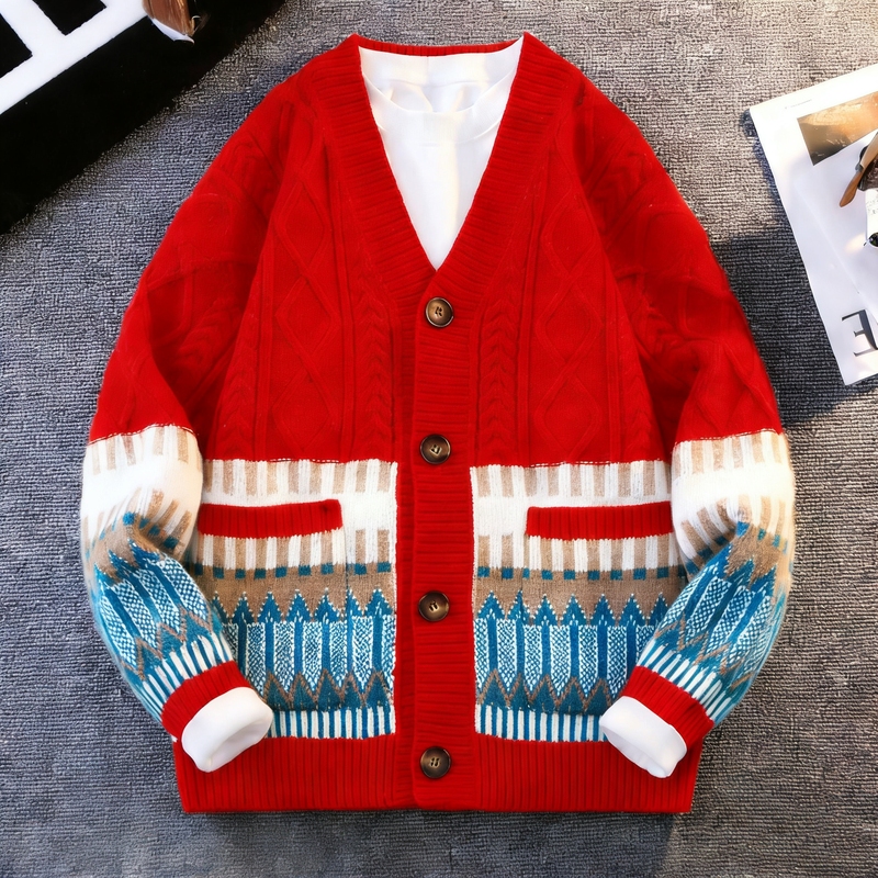 Woodpecker Cardigan Sweater for Men, Spring and Autumn, V-Neck, Loose, Cable Knit, Red Festive Style for the Spring Festival Woodpecker Cardigan Sweater for Men, Spring and Autumn, V-Neck, Loose, Cable Knit, Red Festive Style for the Spring Festival