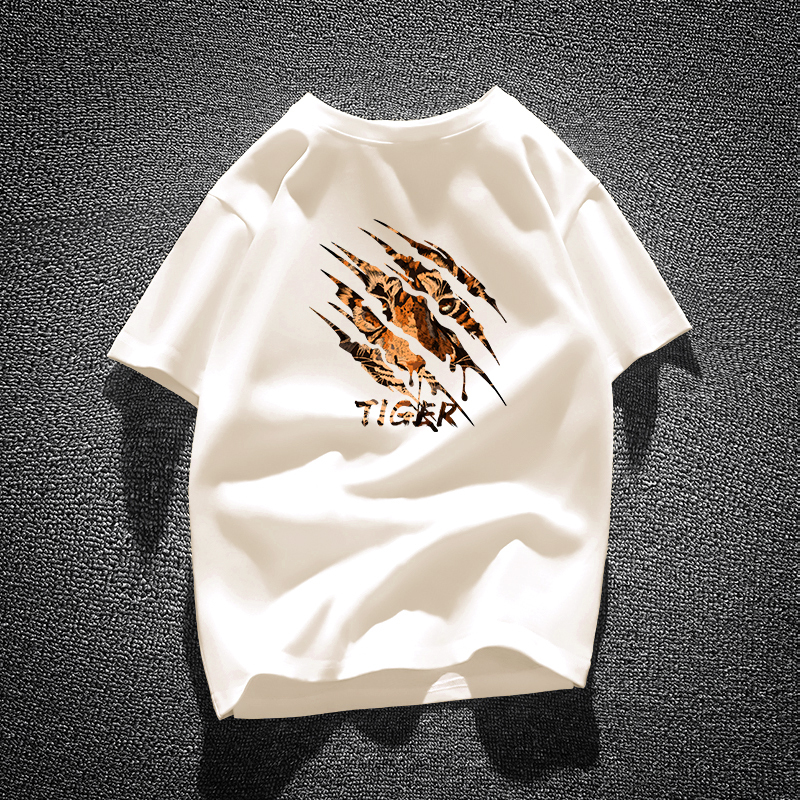 【High-Quality Pure Cotton, Non-Shrinking】Short-Sleeved T-Shirt for Men, Summer Style, American Trendy Brand, Tiger Round-Neck Tee Top