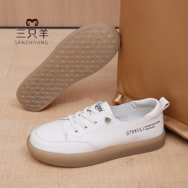 Three Sheep Pregnant Women's White Shoes Women's Leather Soft Slip-ons 2024 New Flat Bottom Versatile Shoes Spring and Autumn Casual Shoes