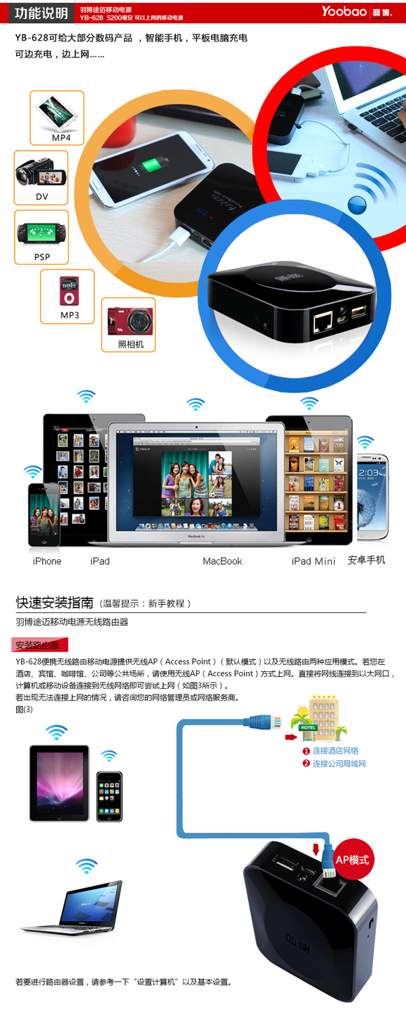 điện thoại di động Yu Bo YB628 5200 mA điện thoại di động sạc Po Đen 3G router không dây chia sẻ WIFI - Ngân hàng điện thoại di động sạc dự phòng hoco