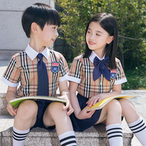 Kindergarten garden dress Summer performance graduation suit Childrens class suit Suit School uniform Summer plaid shirt for primary and secondary school students