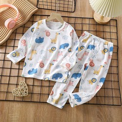 Children's home clothing summer thin long -sleeved pure cotton pajamas Baby baby air -conditioned suit set men's and women's children's clothing