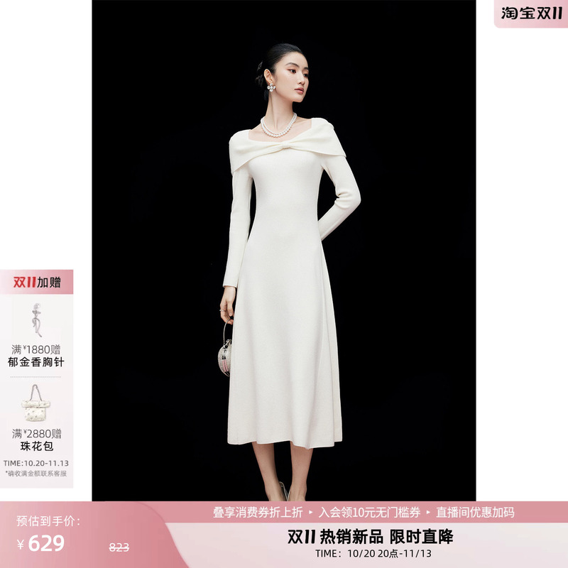 Mandyzhang Qianjin White Moonlight Merino Wool Knitted Dress Women's Autumn Bowknot Long Dress