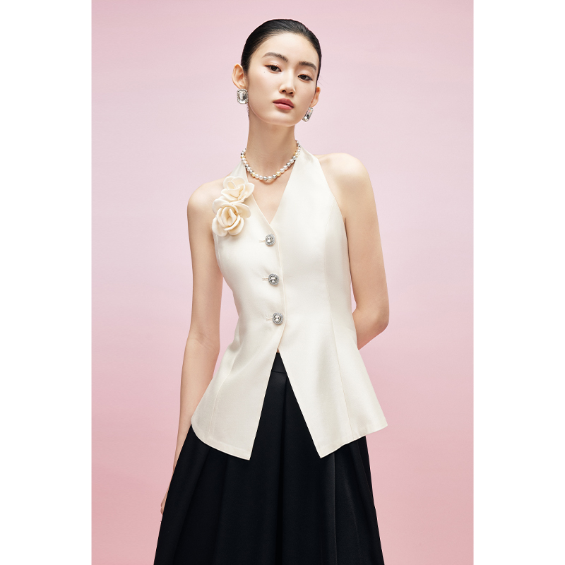 Mandyzhang Luxury Handmade Floral Silk Wool V-Neck Halter Vest Women's Summer Sleeveless Top Mandyzhang Luxury Handmade Floral Silk Wool V-Neck Halter Vest Women's Summer Sleeveless Top
