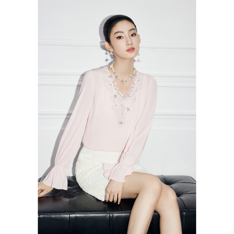Mandyzhang Gentle Elegant V Neck Lace Chiffon Shirt Women's Autum Romantic Pink Slim Shirt Top