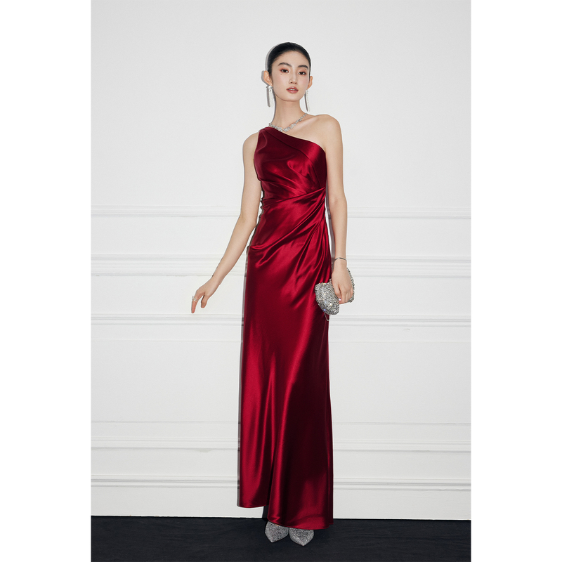 Mandyzhang Light Luxury Acetate Satin Red Fishtail Dress for Women, Summer Design with Ribbon, Engagement Dress