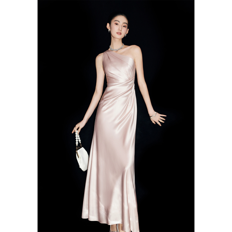 Mandyzhang Pink Elegant Luxury Heavy Acetate Off-Shoulder Dress Women's Summer Pleated Satin Fishtail Dress