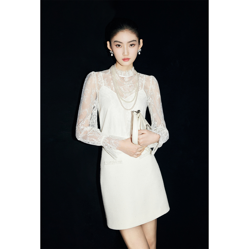 Mandyzhang Elegant Ladylike Style Ruffled Collar White Lace Blouse Women's Spring Design Flared Sleeve Top Mandyzhang Elegant Ladylike Style Ruffled Collar White Lace Blouse Women's Spring Design Flared Sleeve Top