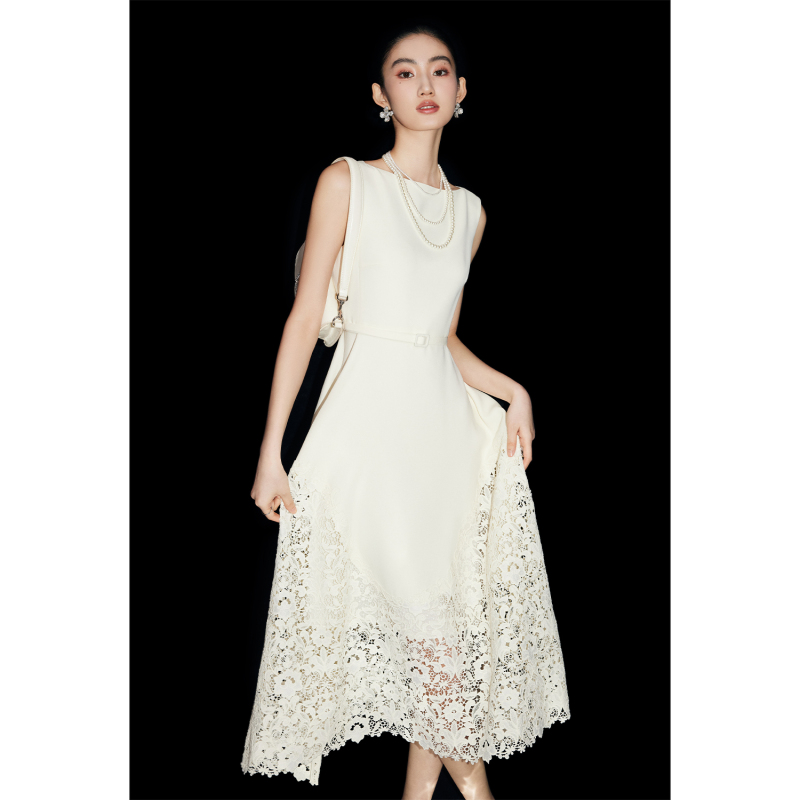 Mandyzhang Elegant White Lace Spliced Acetate Dress One-Shoulder Sleeveless Engagement Dress Mandyzhang Elegant White Lace Spliced Acetate Dress One-Shoulder Sleeveless Engagement Dress