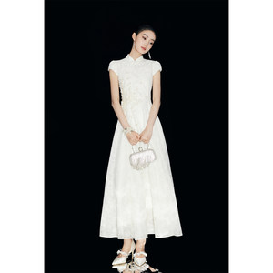 Mandyzhang New Chinese-Style Stand-Up Collar White Lace Dress Women's High-End Heavy Embroidery Cheongsam Dress Long Dress