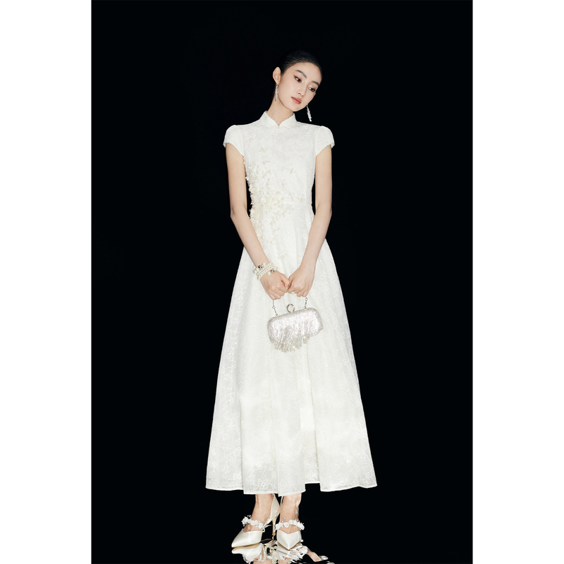 Mandyzhang New Chinese-Style Stand-Up Collar White Lace Dress Women's High-End Heavy Embroidery Cheongsam Dress Long Dress Mandyzhang New Chinese-Style Stand-Up Collar White Lace Dress Women's High-End Heavy Embroidery Cheongsam Dress Long Dress