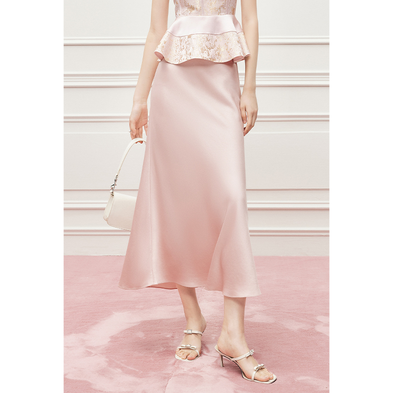 Mandyzhang French Chic Heavy Pink Acetate Satin Fishtail Skirt for Women, Autumn Drapey Long Skirt