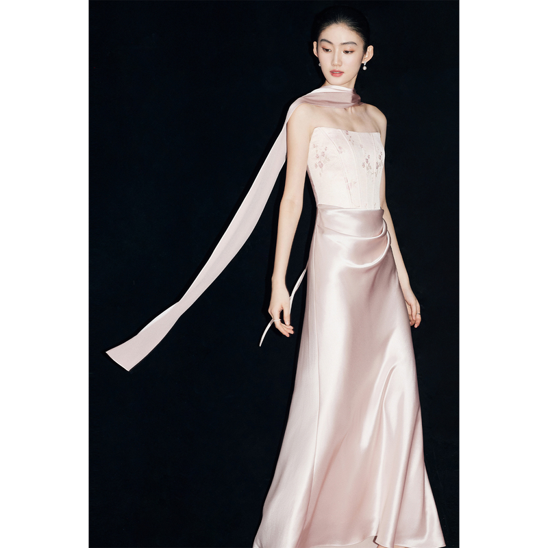 Mandyzhang Light Luxury Acetate Satin Jacquard Fishbone Strapless Dress Women's Spring Pink Waist-Cinching Ribbon Dress