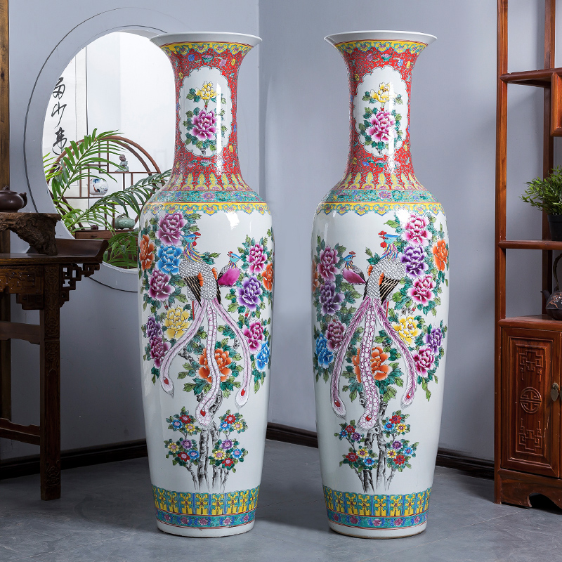 Jingdezhen ceramics floor-to-ceiling large vase hand-painted antique pastel peony phoenix living room hotel decoration