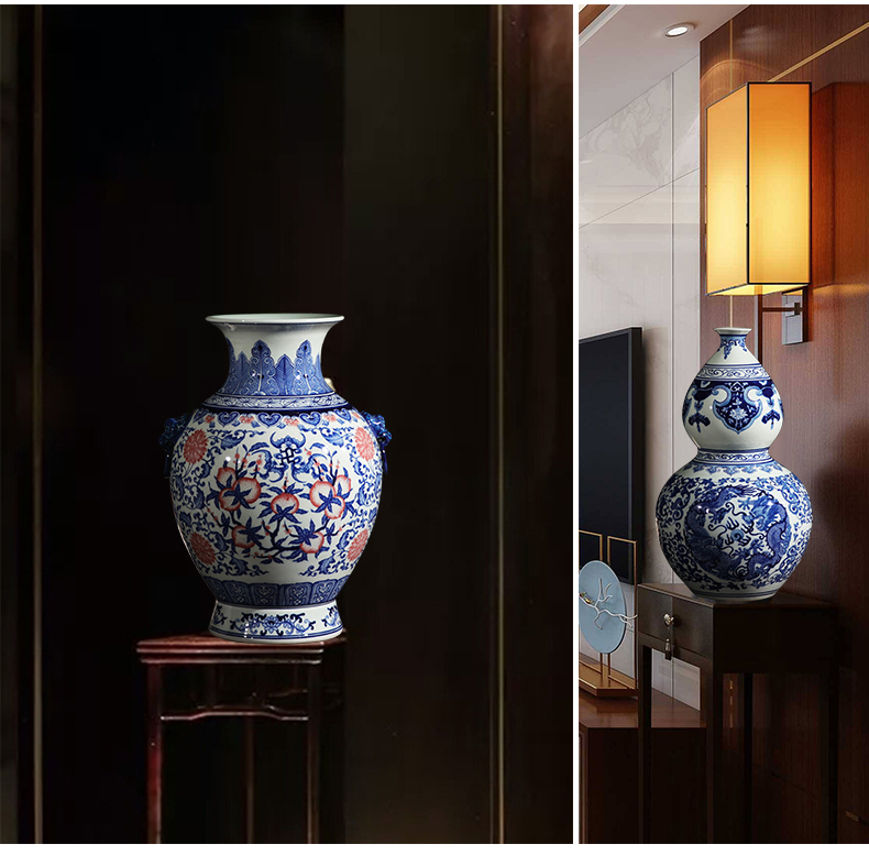 Jingdezhen ceramic vase furnishing articles flower arranging archaize sitting room both ears of blue and white porcelain vases, new Chinese style household decorations